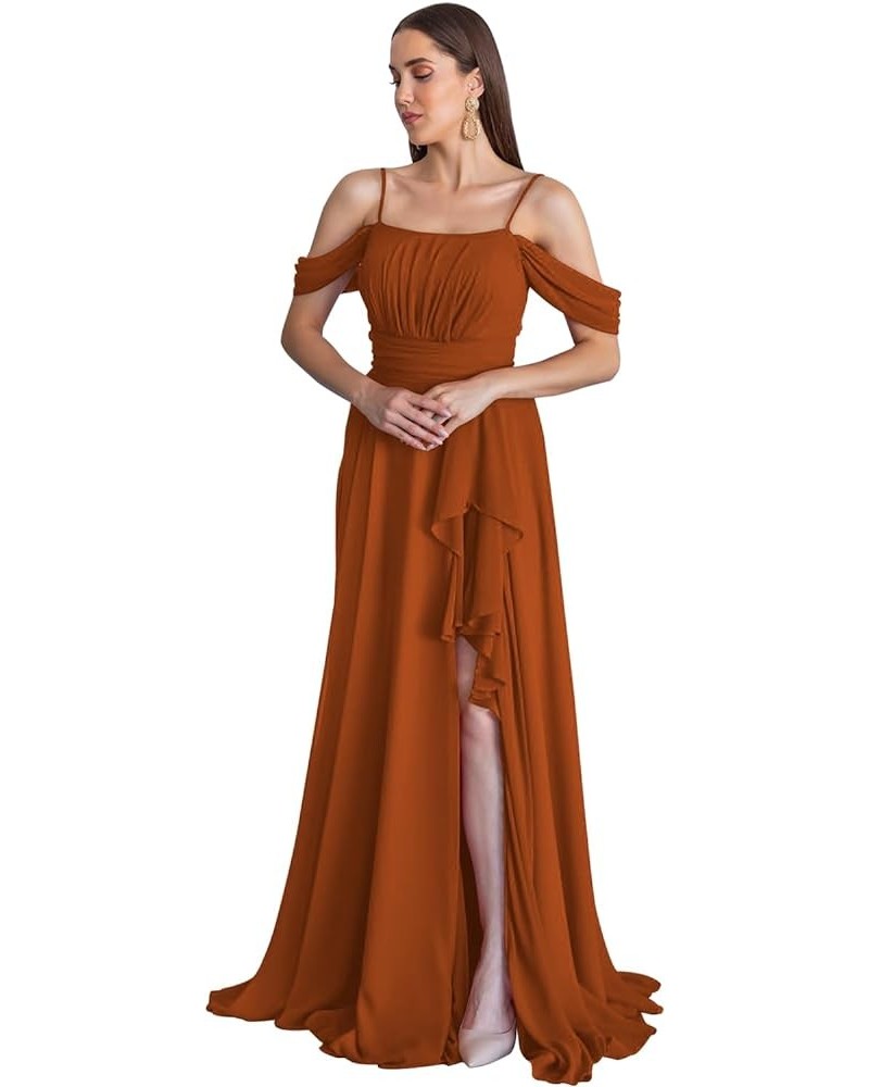 Cold Shoulder Bridesmaid Dresses 2024 for Wedding Long Chiffon Ruffle Formal Evening Dress with Slit Burnt Orange $23.65 Dresses