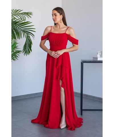 Cold Shoulder Bridesmaid Dresses 2024 for Wedding Long Chiffon Ruffle Formal Evening Dress with Slit Burnt Orange $23.65 Dresses