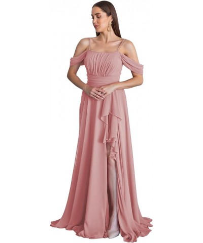 Cold Shoulder Bridesmaid Dresses 2024 for Wedding Long Chiffon Ruffle Formal Evening Dress with Slit Burnt Orange $23.65 Dresses