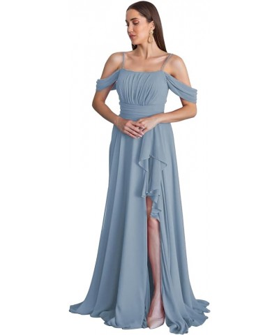 Cold Shoulder Bridesmaid Dresses 2024 for Wedding Long Chiffon Ruffle Formal Evening Dress with Slit Burnt Orange $23.65 Dresses