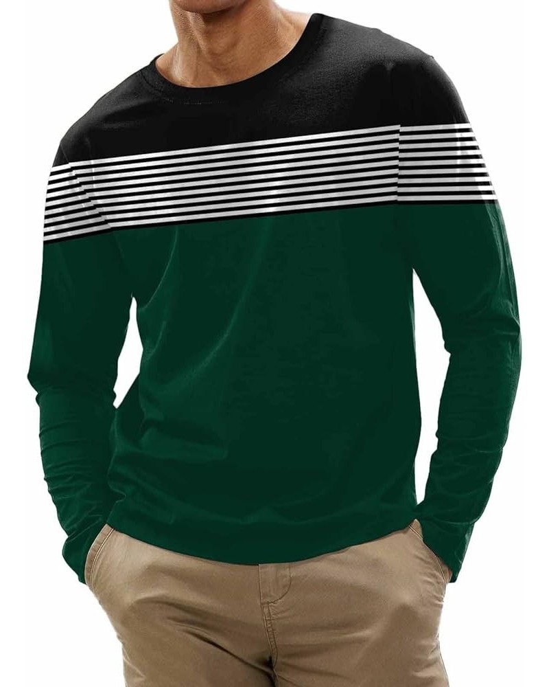 Crewneck Shirt for Men,Casual Long Sleeve Stripes Printed Colorblock T-Shirt Basic Pullover Regular Fit Pullover D-green $8.1...