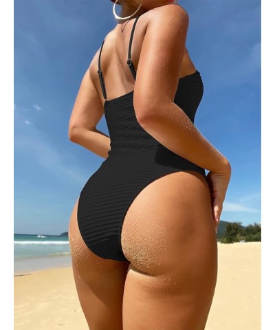 Women's Ribbed Knit High Cut One Piece Swimsuit Bathing Suit Black $13.44 Swimsuits