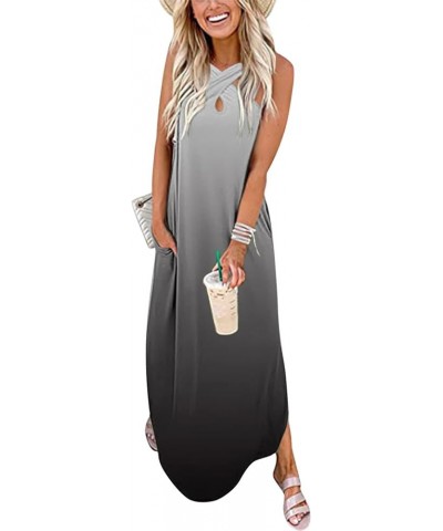 Summer Dresses for Women 2024 Vacation Crossover Halter Neck Maxi Dress Slit Side Sleeveless Loose Beach Long Sundress Multic...