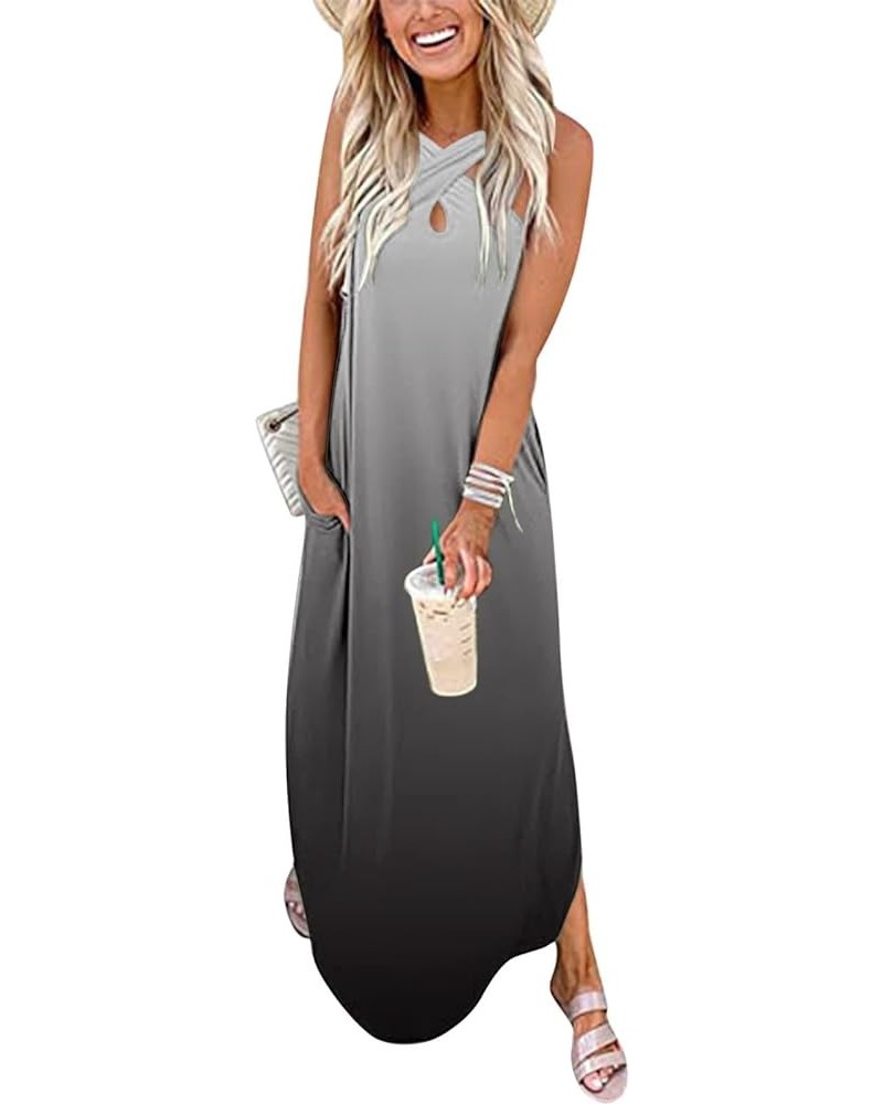 Summer Dresses for Women 2024 Vacation Crossover Halter Neck Maxi Dress Slit Side Sleeveless Loose Beach Long Sundress Multic...