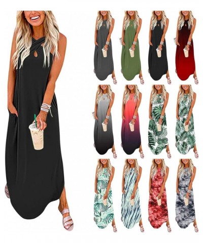 Summer Dresses for Women 2024 Vacation Crossover Halter Neck Maxi Dress Slit Side Sleeveless Loose Beach Long Sundress Multic...