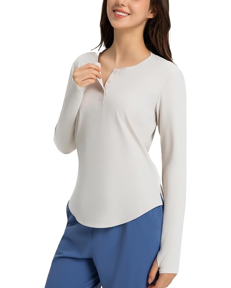 Ribbed Long Sleeve Workout Shirts for Women, Buttery Soft Running Gym Athletic Yoga Tops with Thumb Holes Cream White $11.00 ...