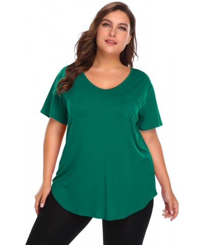 Women Plus Size V-Neck Tunic Tops Loose T Shirt with Pocket Deep Green $11.79 Tops