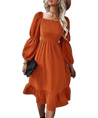 Women's Aline Flowy Midi Dress Square Neck Puff Sleeve Ruffle Swing Chiffon Long Casual Dresses Orange $13.99 Dresses