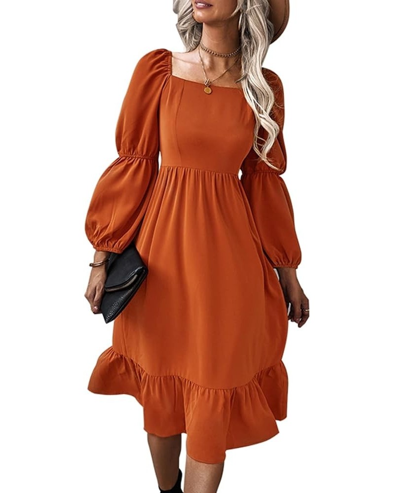 Women's Aline Flowy Midi Dress Square Neck Puff Sleeve Ruffle Swing Chiffon Long Casual Dresses Orange $13.99 Dresses