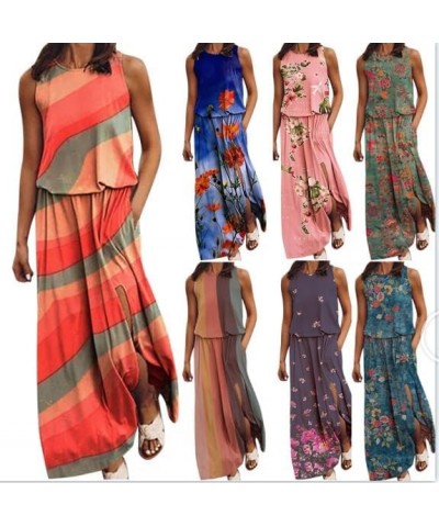 2024 Women's Casual Summer Sleeveless Dress Crewneck Loose Split Maxi Dresses Plain Long Cami Beach Sundress S-5XL A02-5 $22....