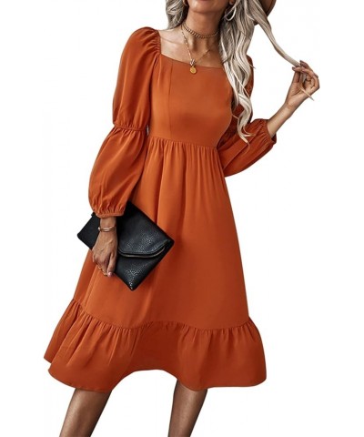 Women's Aline Flowy Midi Dress Square Neck Puff Sleeve Ruffle Swing Chiffon Long Casual Dresses Orange $13.99 Dresses