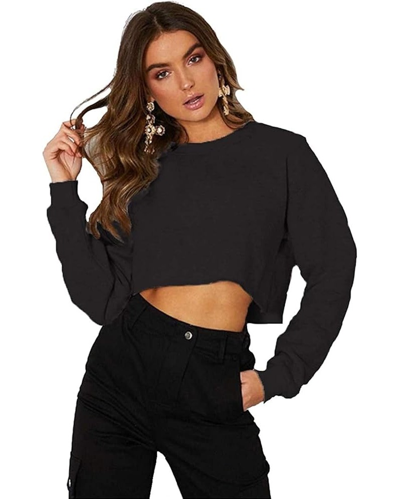 Casual Crop Sweatshirt for Women Crewneck Cropped Shirts Workout Long Sleeve Crop Tops Black $12.00 Activewear