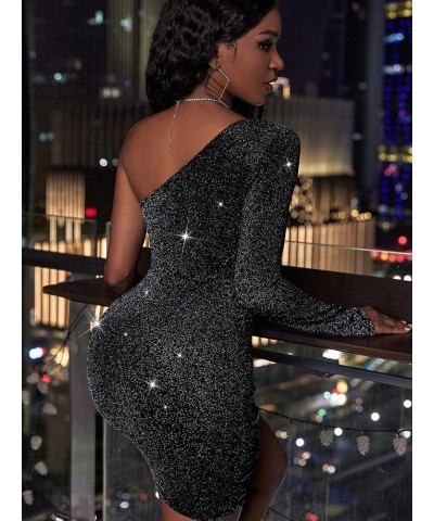 Women's Glitter Ruched One Shoulder Bodycon Mini Dress Long Sleeve Party Pencil Short Dresses Black $17.35 Dresses