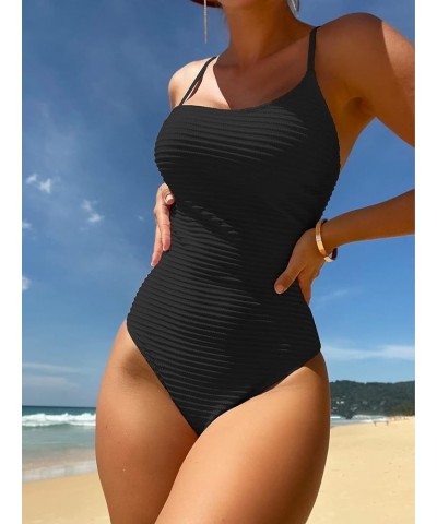 Women's Ribbed Knit High Cut One Piece Swimsuit Bathing Suit Black $13.44 Swimsuits