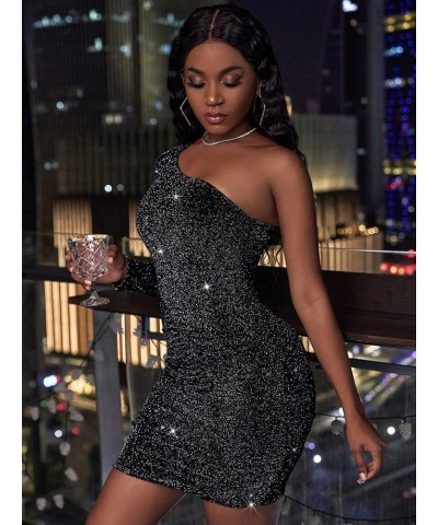 Women's Glitter Ruched One Shoulder Bodycon Mini Dress Long Sleeve Party Pencil Short Dresses Black $17.35 Dresses