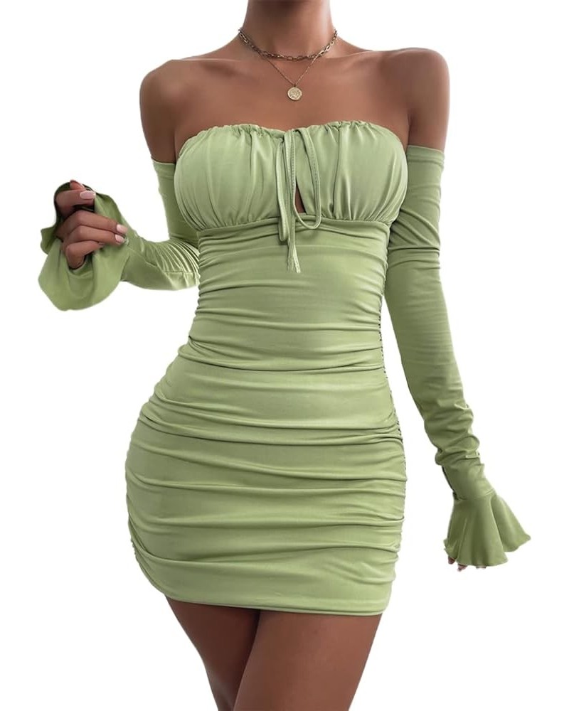 Womens Sexy Flounce Sleeve Ruched Bodycon Mini Dresses Off Shoulder Long Sleeve Tie Front Dress Mint Green $17.74 Dresses