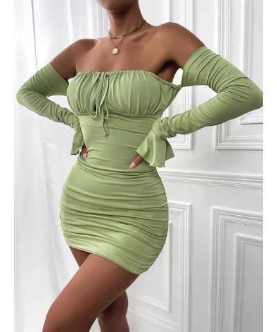 Womens Sexy Flounce Sleeve Ruched Bodycon Mini Dresses Off Shoulder Long Sleeve Tie Front Dress Mint Green $17.74 Dresses