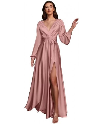 Long Sleeve Bridesmaid Dresses for Women 2024 V Neck Satin Formal Dresses Evening Gown with Slit Dusty Rose $30.55 Dresses