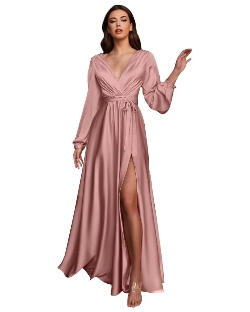 Long Sleeve Bridesmaid Dresses for Women 2024 V Neck Satin Formal Dresses Evening Gown with Slit Dusty Rose $30.55 Dresses