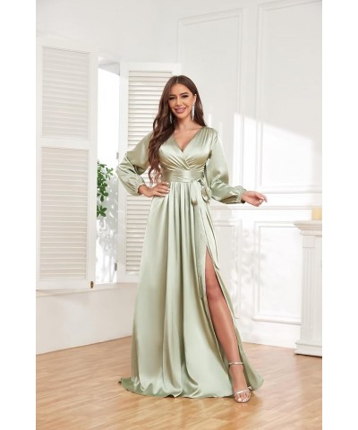 Long Sleeve Bridesmaid Dresses for Women 2024 V Neck Satin Formal Dresses Evening Gown with Slit Dusty Rose $30.55 Dresses