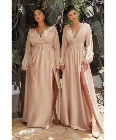 Long Sleeve Bridesmaid Dresses for Women 2024 V Neck Satin Formal Dresses Evening Gown with Slit Dusty Rose $30.55 Dresses