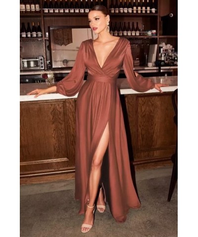 Long Sleeve Bridesmaid Dresses for Women 2024 V Neck Satin Formal Dresses Evening Gown with Slit Dusty Rose $30.55 Dresses