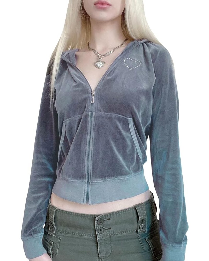 Women's Casual Cropped Velvet Hoodies Y2K Long Sleeve Zip Up Heart Graphic Velour Hooded Sweatshirt with Pockets Grey $14.99 ...