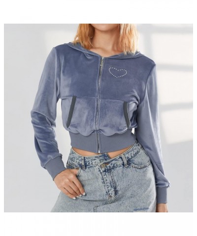 Women's Casual Cropped Velvet Hoodies Y2K Long Sleeve Zip Up Heart Graphic Velour Hooded Sweatshirt with Pockets Grey $14.99 ...