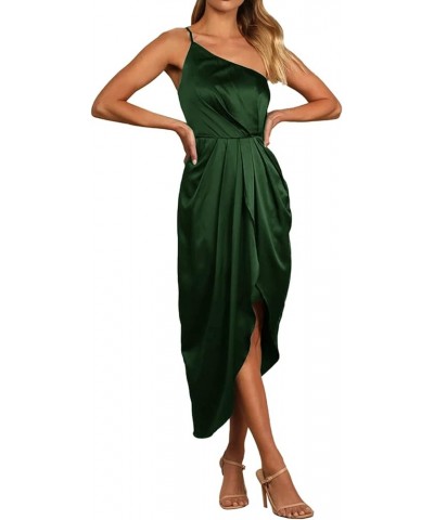 Women's Satin One Shoulder Ruched Wrap Split Hem Sleeveless Cocktail Midi Dress Dark Green $24.47 Dresses