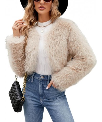 Women's Winter Cropped Faux Fur Coat Long Sleeve Open Front Cardigan Fleece Jackets Shaggy Parka Outerwear Apricot $22.96 Coats