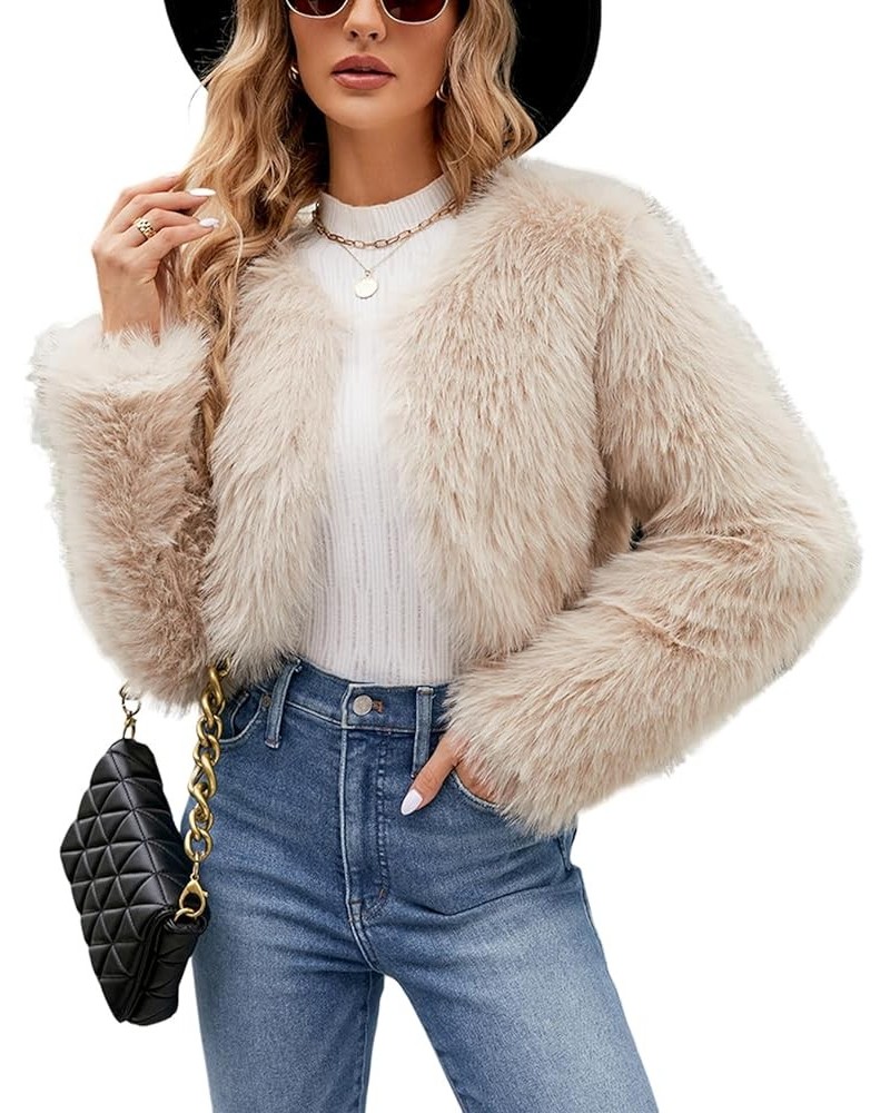 Women's Winter Cropped Faux Fur Coat Long Sleeve Open Front Cardigan Fleece Jackets Shaggy Parka Outerwear Apricot $22.96 Coats