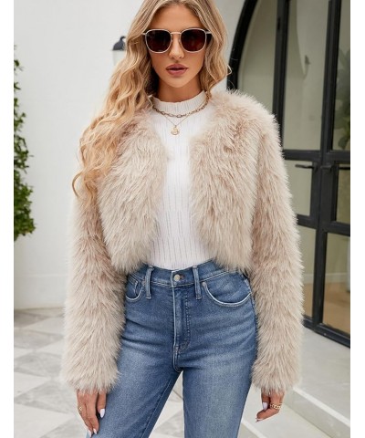 Women's Winter Cropped Faux Fur Coat Long Sleeve Open Front Cardigan Fleece Jackets Shaggy Parka Outerwear Apricot $22.96 Coats