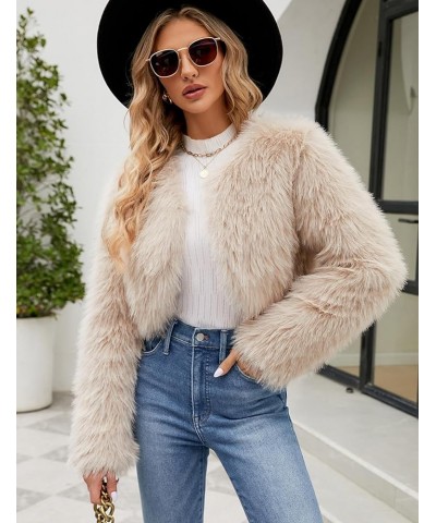 Women's Winter Cropped Faux Fur Coat Long Sleeve Open Front Cardigan Fleece Jackets Shaggy Parka Outerwear Apricot $22.96 Coats