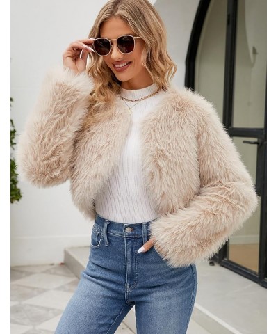 Women's Winter Cropped Faux Fur Coat Long Sleeve Open Front Cardigan Fleece Jackets Shaggy Parka Outerwear Apricot $22.96 Coats