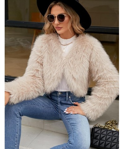 Women's Winter Cropped Faux Fur Coat Long Sleeve Open Front Cardigan Fleece Jackets Shaggy Parka Outerwear Apricot $22.96 Coats