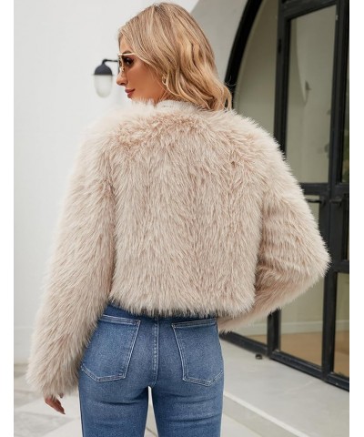 Women's Winter Cropped Faux Fur Coat Long Sleeve Open Front Cardigan Fleece Jackets Shaggy Parka Outerwear Apricot $22.96 Coats