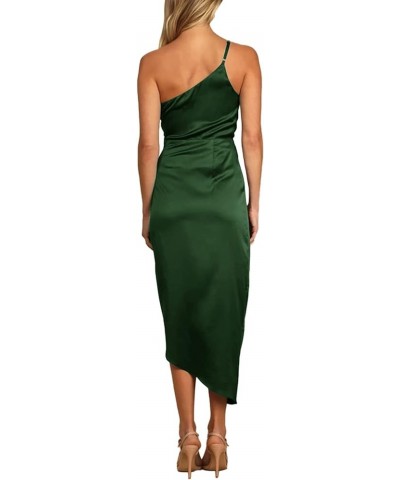 Women's Satin One Shoulder Ruched Wrap Split Hem Sleeveless Cocktail Midi Dress Dark Green $24.47 Dresses