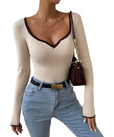 Women's Contrast Binding Sweetheart Neck Long Sleeve Sweaters Pullover Tops Apricot $17.81 Sweaters