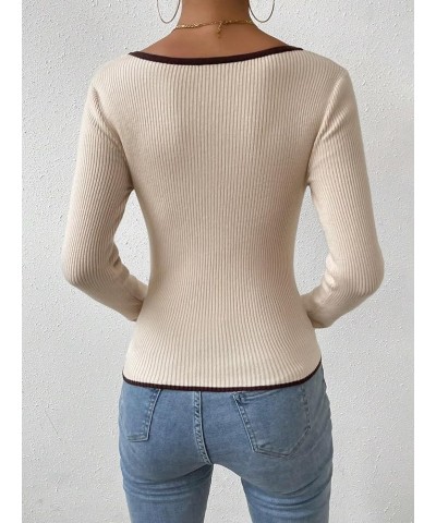 Women's Contrast Binding Sweetheart Neck Long Sleeve Sweaters Pullover Tops Apricot $17.81 Sweaters