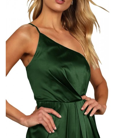 Women's Satin One Shoulder Ruched Wrap Split Hem Sleeveless Cocktail Midi Dress Dark Green $24.47 Dresses