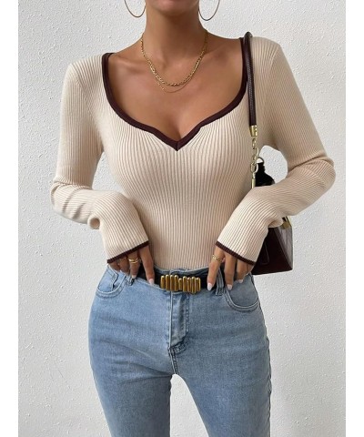 Women's Contrast Binding Sweetheart Neck Long Sleeve Sweaters Pullover Tops Apricot $17.81 Sweaters