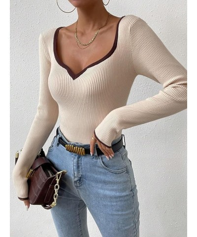 Women's Contrast Binding Sweetheart Neck Long Sleeve Sweaters Pullover Tops Apricot $17.81 Sweaters