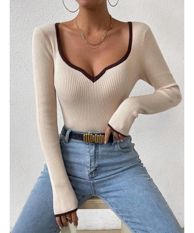 Women's Contrast Binding Sweetheart Neck Long Sleeve Sweaters Pullover Tops Apricot $17.81 Sweaters