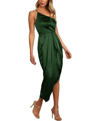 Women's Satin One Shoulder Ruched Wrap Split Hem Sleeveless Cocktail Midi Dress Dark Green $24.47 Dresses