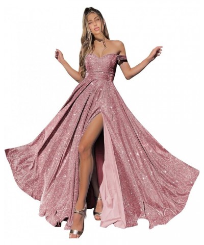 Off The Shoulder Prom Dresses with Pockets High Slit for Women A Line Glitter Formal Evening Gown Desert Rose $29.40 Dresses