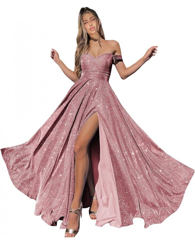 Off The Shoulder Prom Dresses with Pockets High Slit for Women A Line Glitter Formal Evening Gown Desert Rose $29.40 Dresses