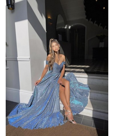 Off The Shoulder Prom Dresses with Pockets High Slit for Women A Line Glitter Formal Evening Gown Desert Rose $29.40 Dresses