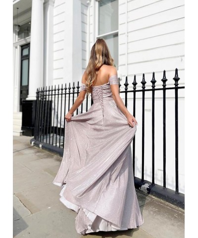 Off The Shoulder Prom Dresses with Pockets High Slit for Women A Line Glitter Formal Evening Gown Desert Rose $29.40 Dresses