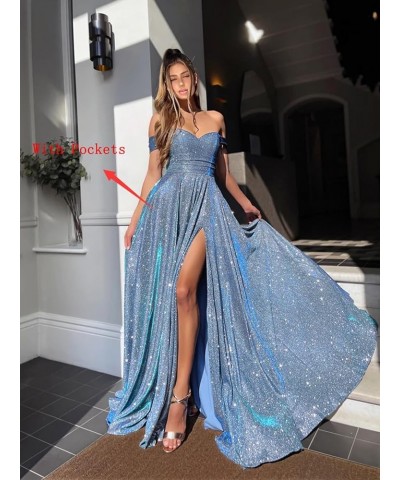 Off The Shoulder Prom Dresses with Pockets High Slit for Women A Line Glitter Formal Evening Gown Desert Rose $29.40 Dresses