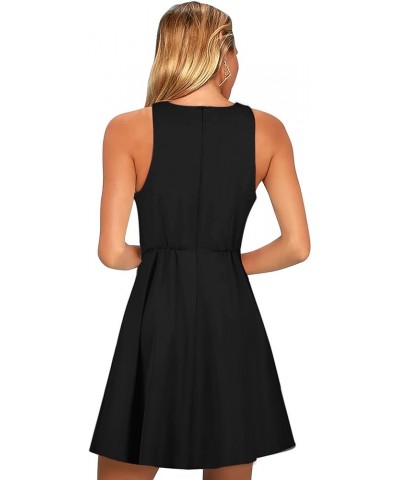 Women 2024 Sweet and Cute Sleeveless Racerback Flared Swing A-Line Waist Hollow Out Summer Short Dress N8：black $14.52 Dresses